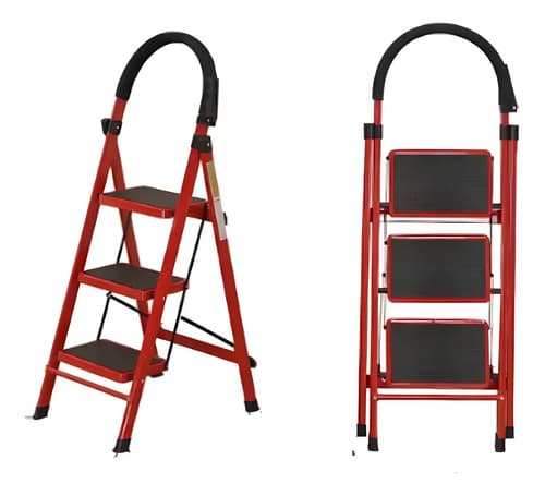 Escalera 3 Escalones Antideslizante Plegable Aluminio Rojo